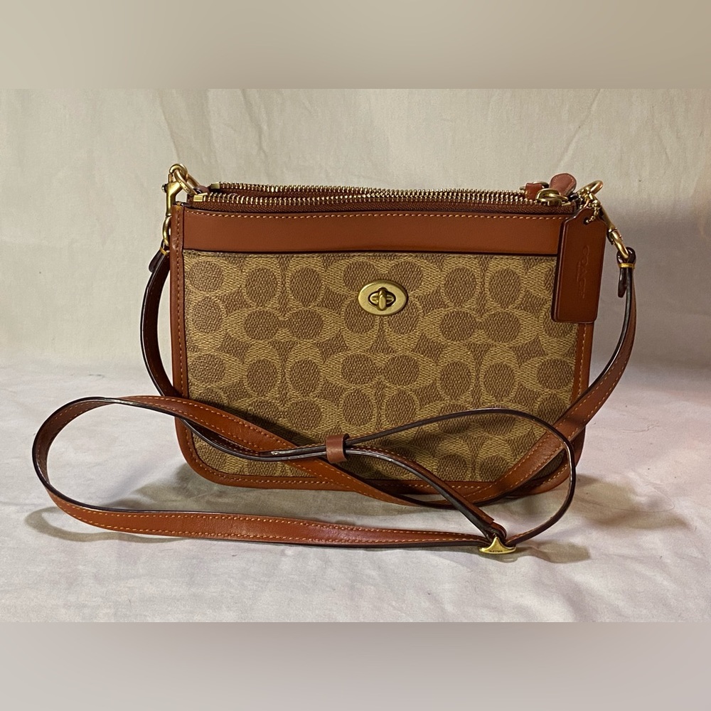 Coach Slim Turnlock Crossbody In Signature Canvas Brass/Tan/